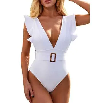 Avanova Women's One Piece Swimsuit Ruffle Deep V Neck Strappy Swimwear Bathing Suits White Medium