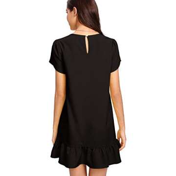 Verdusa Women's Round Neck Petal Short Sleeve Ruffle Hem Tunic Dress Black M