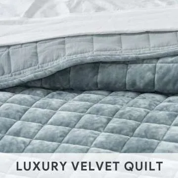 RECYCO Luxury Velvet Quilt King Size, Ultra Soft Velvet Bedding Sets, Lightweight Quilted Velvet Comforter Set, Channel Stitch Oversized Bedspread Coverlet with 2 Pillow Shams, Blue Linen