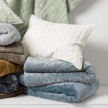 RECYCO Luxury Velvet Quilt King Size, Ultra Soft Velvet Bedding Sets, Lightweight Quilted Velvet Comforter Set, Channel Stitch Oversized Bedspread Coverlet with 2 Pillow Shams, Blue Linen