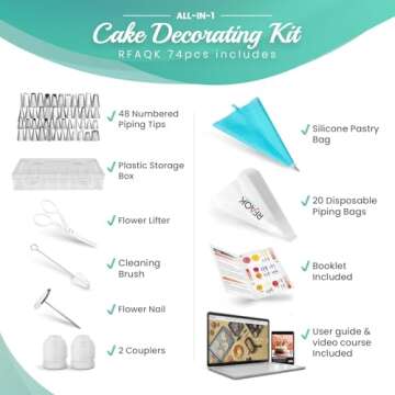 RFAQK 74 PCs Icing Piping Bags and Tips Set, Cake Decorating Kit with 48-Numbered Piping Tips, 20+1 Pastry Bags for Cookie Cupcake Cake Decoration, Cake Decorating Tips Set with Booklet and E-book