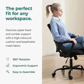 Smug Office Computer Desk Chair, Ergonomic Mid-Back Mesh Rolling Work Swivel Task Chairs with Wheels, Comfortable Lumbar Support, Comfy Arms for Home, Bedroom, Study, Dorm, Student, Adults
