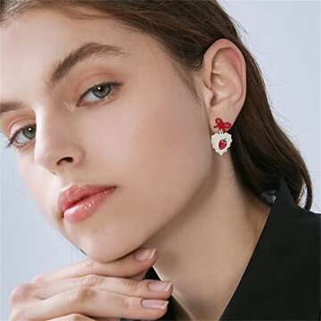 MALOYANVE Cute Strawberry Earrings for Women Sweet Fresh Red Ribbon Bow Dangle Earrings Funny Small Fruit Fashion Drop Earrings (Red Bow Strawberry)