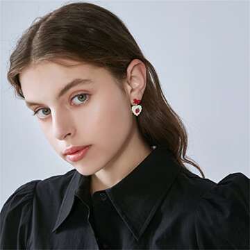 MALOYANVE Cute Strawberry Earrings for Women Sweet Fresh Red Ribbon Bow Dangle Earrings Funny Small Fruit Fashion Drop Earrings (Red Bow Strawberry)