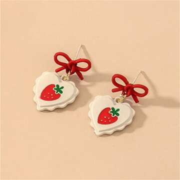 MALOYANVE Cute Strawberry Earrings for Women Sweet Fresh Red Ribbon Bow Dangle Earrings Funny Small Fruit Fashion Drop Earrings (Red Bow Strawberry)