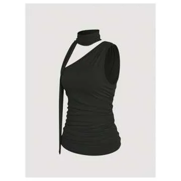 Milumia Women's Ruched Sleeveless One Shouler Shirts Y2K Scarf Top Going Out Club Tank Top Black Small