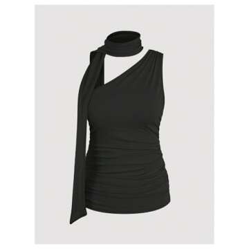 Milumia Women's Ruched Sleeveless One Shouler Shirts Y2K Scarf Top Going Out Club Tank Top Black Small