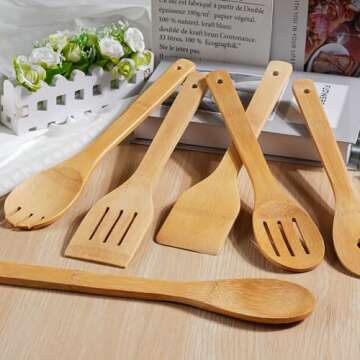 IOOLEEM Bamboo Wooden Spoons for Cooking 6 Pcs - Durable Non-Stick Kitchen Utensils Set