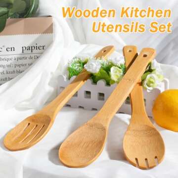 IOOLEEM Bamboo Wooden Spoons Set - Non-Stick Kitchen Utensils