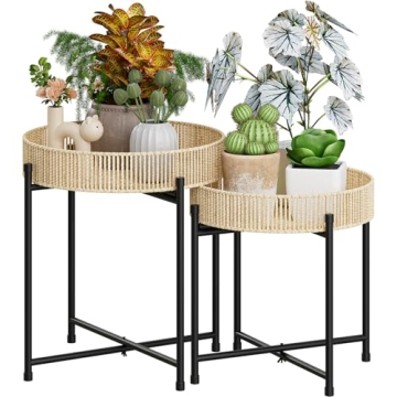 Bamworld Plant Stands Set of 2 Tall Plant Stand Indoor Rattan Plant Table for 5 Pots Plants Round Fl...