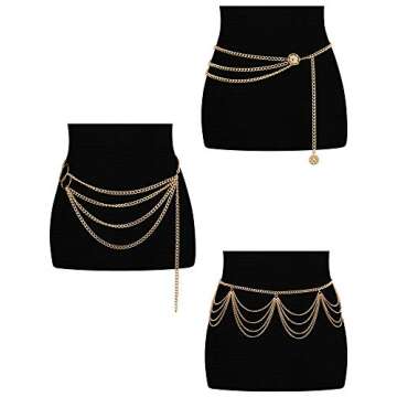 3 Pieces Belly Waist Chain Multi Layer Metal Waist Chain Body Summer Beach Chain for Women and Girls (Tassel Style)