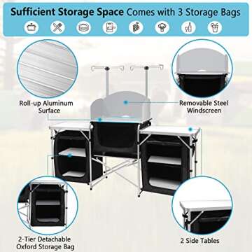 Seeutek Camping Kitchen Table Aluminum Portable Outdoor Cooking Table Foldable Camp Table with Windscreen and 3 Storage Cupboards Multifunctional for BBQ, Party & Outdoor Activities