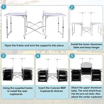 Seeutek Camping Kitchen Table Aluminum Portable Outdoor Cooking Table Foldable Camp Table with Windscreen and 3 Storage Cupboards Multifunctional for BBQ, Party & Outdoor Activities