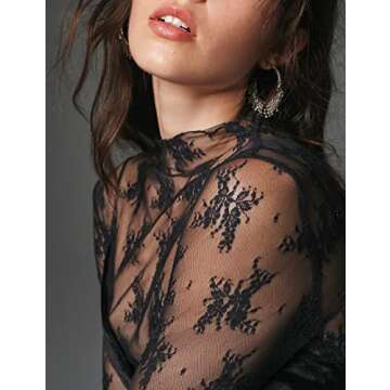 Ugerlov Women's Long Sleeve Mesh Top Mock Neck Sheer Blouse See Through Floral Lace Tops, Black L