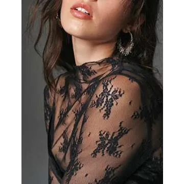 Ugerlov Women's Long Sleeve Mesh Top Mock Neck Sheer Blouse See Through Floral Lace Tops, Black L