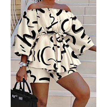 cnFaClu Women's 2 Piece Printed Off Shoulder Set