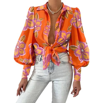 BTFBM Women Fashion Button Down Blouse in Floral Orange Purple - Vibrant Boho Top