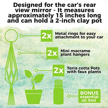 2 Pcs Set Hanging Succulent Pots with Essential Oil And Artificial Succulents - Perfect for Home, Office, or Auto Rear View Mirror Acessories For Men Women. Boho Hanging Decor Decoration, Oil Diffuser