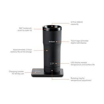 Ember Temperature Control Travel Mug, 12 Ounce, 2-hr Battery Life, Black - App Controlled Heated Coffee Travel Mug