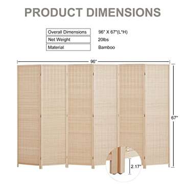 Room Divider Privacy Screen 16" Room Dividers and Folding Privacy Screens 6 Panel Room Divider Wall 5.6FT Tall Bamboo Room Divider Partitions/Separator