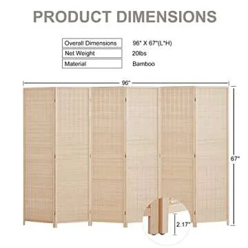 Room Divider Privacy Screen 16" Room Dividers and Folding Privacy Screens 6 Panel Room Divider Wall 5.6FT Tall Bamboo Room Divider Partitions/Separator