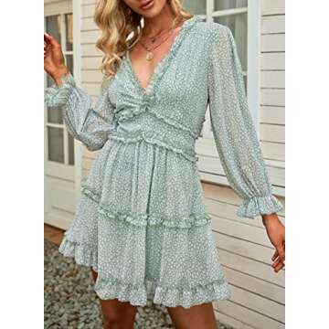 TIKSAWON Womens Sexy Backless V Neck Swing Dresses Floral Boho Hawaiian Spring Fall Ruffle Mini Dresses Green XL