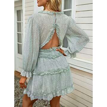 TIKSAWON Womens Sexy Backless V Neck Swing Dresses Floral Boho Hawaiian Spring Fall Ruffle Mini Dresses Green XL