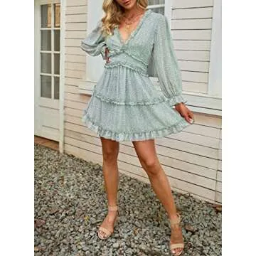 TIKSAWON Womens Sexy Backless V Neck Swing Dresses Floral Boho Hawaiian Spring Fall Ruffle Mini Dresses Green XL
