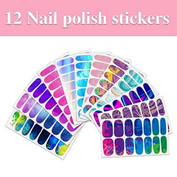WOKOTO 12 Sheets Colorful Gradient Full Nail Polish Stickers False Nail Design Stickers Full Nail Wr...