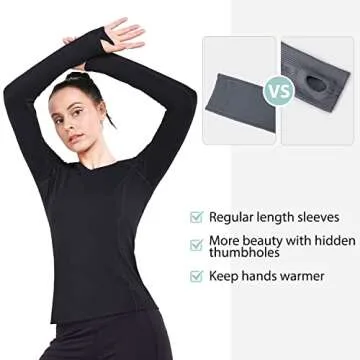 BALEAF Women's Long Sleeve Workout Shirts Fitted Yoga Tops Running Athletic Underscrub with Thumb Holes Black L