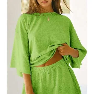Tankaneo Womens Pajama Sets 3/4 Sleeve Oversized Tops and Elastic Waist Shorts Lounge Sets Loungewear