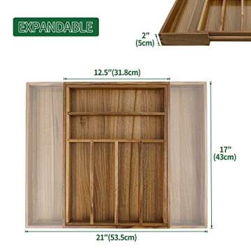 Utoplike Acacia Silverware Drawer Organizer for Cutlery, Adjustable Kitchen Utensil Drawers Organizers, Expandable Wooden Flatware Caddy, Dividers for Knives, Forks, Spoons, 6-8 Slots