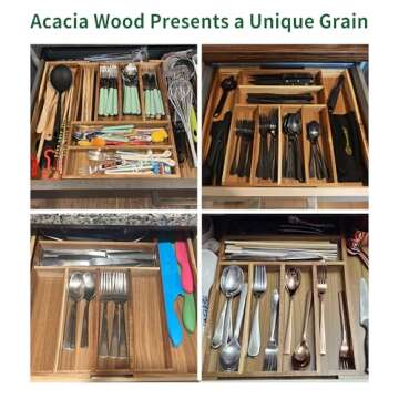 Utoplike Acacia Silverware Drawer Organizer for Cutlery, Adjustable Kitchen Utensil Drawers Organizers, Expandable Wooden Flatware Caddy, Dividers for Knives, Forks, Spoons, 6-8 Slots