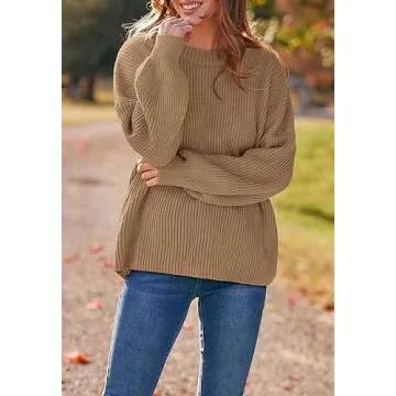 PRETTYGARDEN Long Sleeve Oversized Sweaters for Women Fall 2023 Crew Neck Solid Color Casual Knit Pullover Sweater Tops (Khaki,Small)