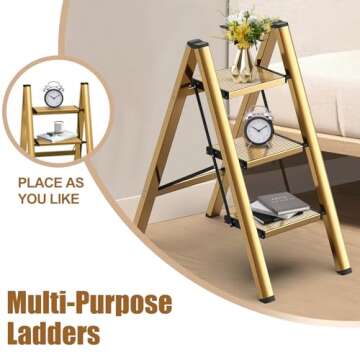 hismocal Foldable 3 Step Stool for Closet/Kitchen-Aluminium Gold Step Ladder Stools, Folding 330lbs Lightweight Ladders with Anti-Slip Wide Pedal, Portable Kids/Adults