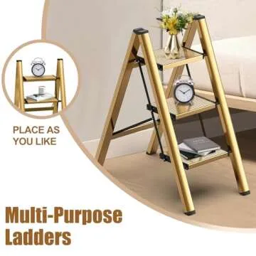 hismocal Foldable 3 Step Stool for Closet/Kitchen-Aluminium Gold Step Ladder Stools, Folding 330lbs Lightweight Ladders with Anti-Slip Wide Pedal, Portable Kids/Adults