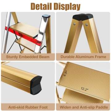 hismocal Foldable 3 Step Stool for Closet/Kitchen-Aluminium Gold Step Ladder Stools, Folding 330lbs Lightweight Ladders with Anti-Slip Wide Pedal, Portable Kids/Adults