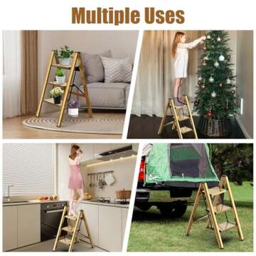 hismocal Foldable 3 Step Stool for Closet/Kitchen-Aluminium Gold Step Ladder Stools, Folding 330lbs Lightweight Ladders with Anti-Slip Wide Pedal, Portable Kids/Adults
