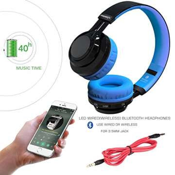 Riwbox Wireless Headphones for Kids, AB005 Kids Bluetooth Headphones V5.2 with Microphone Foldable Headset with TF Card FM Radio and LED Light Compatible for Phones PC TV (Black&Blue)