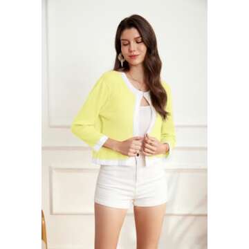 Women Cardigans Casual Lightweight Color Block Cropped Sweater Classy 3/4 Sleeve Comfort Cream Yellow-White Large