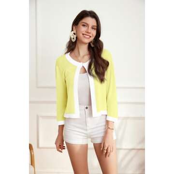 Women Cardigans Casual Lightweight Color Block Cropped Sweater Classy 3/4 Sleeve Comfort Cream Yellow-White Large