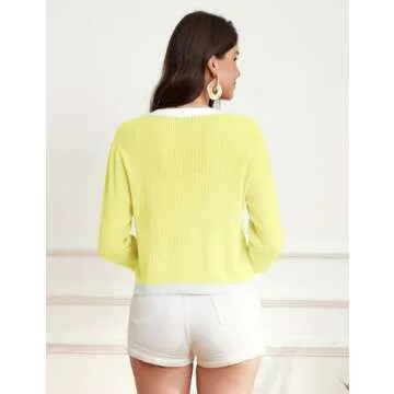 Women Cardigans Casual Lightweight Color Block Cropped Sweater Classy 3/4 Sleeve Comfort Cream Yellow-White Large