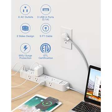 Extension Cord, Power Strip Surge Protector - 8 Widely AC Outlets 3 USB, Flat Plug, Desktop Charging...