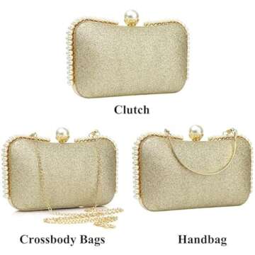 Womens Clutch Pearls Evening Bag Wedding Party Purse and Shoulder Handbag (Black)