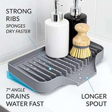 UHMER Silicone Sink Tray, Extra Large Self-Draining Sink Tray for Soap Bottles, Quick-Dry Silicone Sponge Holder for Kitchen Sink, Wide Lip Silicone Kitchen Sink Tray (Dark Gray)