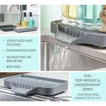 UHMER Silicone Sink Tray, Extra Large Self-Draining Sink Tray for Soap Bottles, Quick-Dry Silicone Sponge Holder for Kitchen Sink, Wide Lip Silicone Kitchen Sink Tray (Dark Gray)