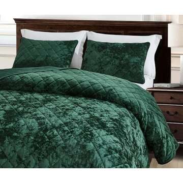 Lux Forest Green Velvet King Quilt Set for All Seasons