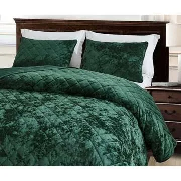 Lux Forest Green Velvet King Quilt Set for All Seasons