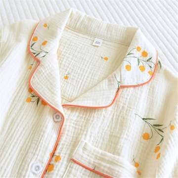 Shanghai Story Women's Cotton Pajamas Set Short Sleeve Sleepwear Button-Down Nightwear Long Pants Pj...