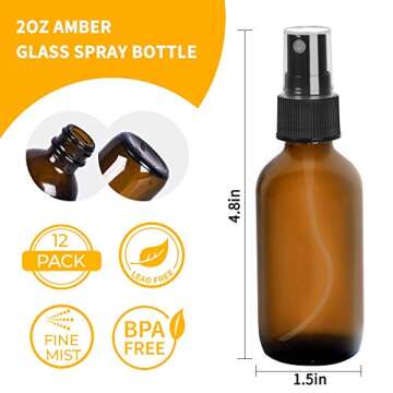 12 Pack 2oz 60 ml Amber Glass Spray Bottles with Fine Mist Sprayer & Dust Cap for Essential Oils, Pe...
